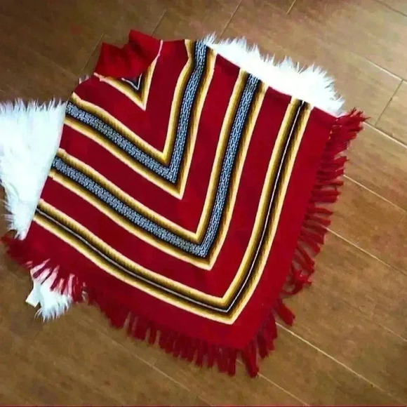 VTG 60s 70s acrylic knit chevron red poncho yellow white black with fringe - Picture 2 of 5